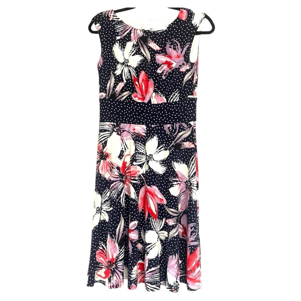 Navy Floral Print Dress By London Times - Size 6